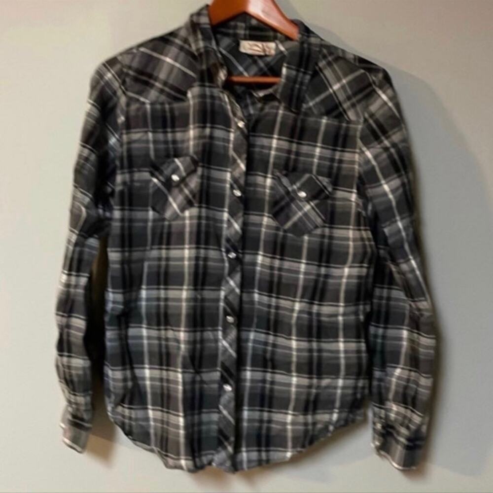 Womens Size L OP Black & White plaid Shirt 100% cotton Pearl snaps Great conditi